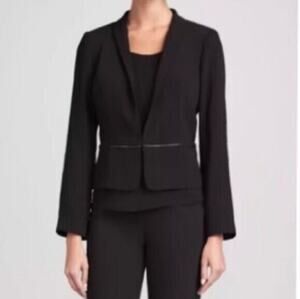 Eileen Fisher Black Tropical Suiting Eco Poly Leather Trim Blazer Petite Large